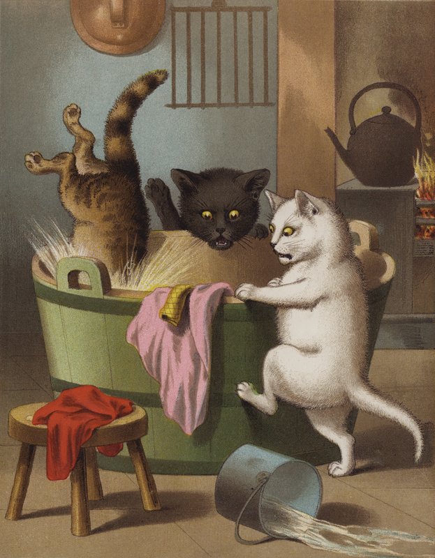 Trzy małe kocięta bawiące się balią (chromolitho) autorstwa English School