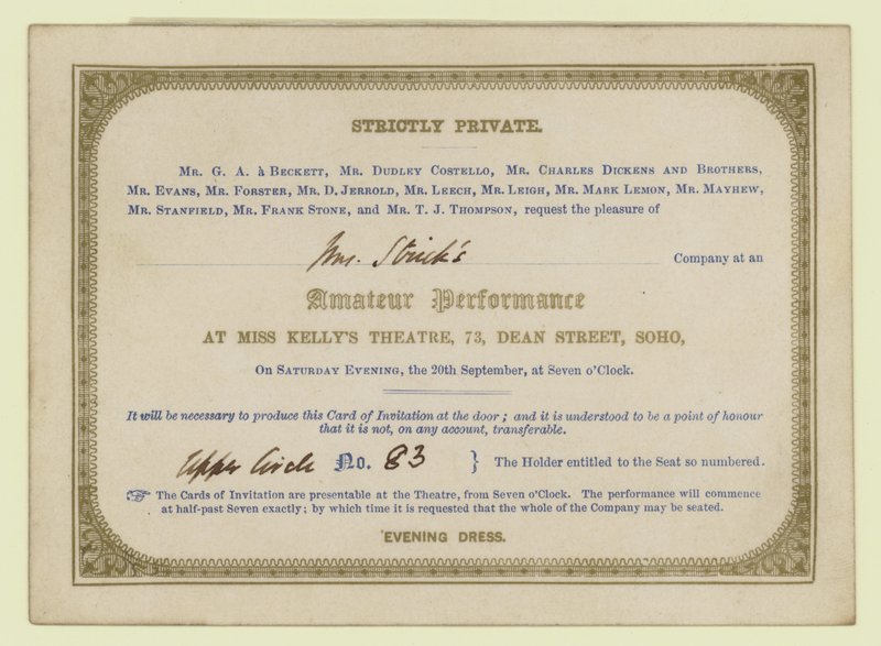 Bilet na amatorskie przedstawienie dramatyczne Charlesa Dickensa, 1845 autorstwa English School