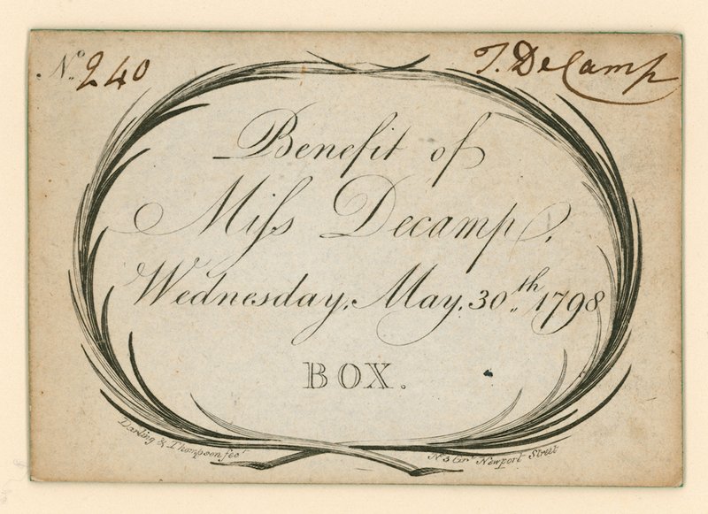 Bilet do teatru Drury Lane w Londynie: Benefit of Miss Decamp, 30 maja 1798 r. autorstwa English School