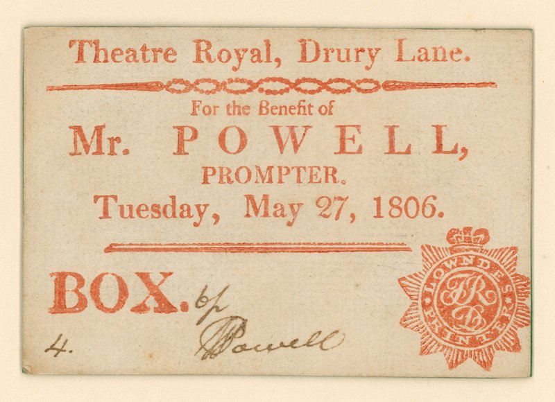 Bilet do Drury Lane Theatre, Londyn: Na korzyść pana Powella, suflera, 27 maja 1806 r. autorstwa English School