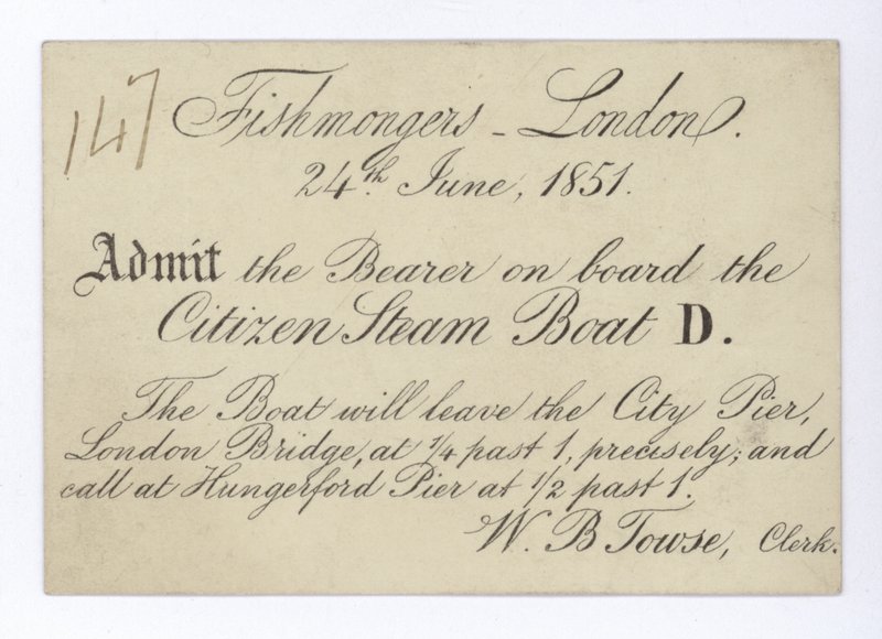 Bilet dla londyńskich sprzedawców ryb na rejs statkiem Citizen Steam Boat, 24 czerwca 1851 r autorstwa English School