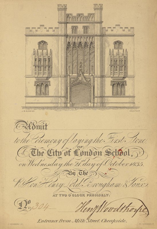 Bilet na wmurowanie pierwszego kamienia City of London School, 21 października 1835 autorstwa English School