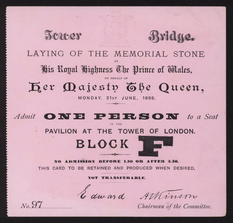 Bilet na wmurowanie kamienia pamiątkowego na Tower Bridge, Londyn, 21 czerwca 1886 r. autorstwa English School