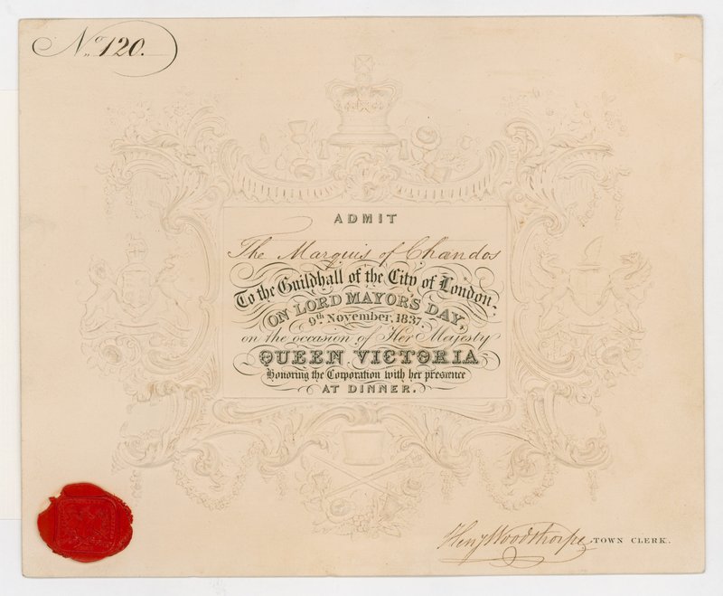 Bilet do Guildhall, City of London, aby wpuścić markiza Chandos w Dzień Lorda Burmistrza, 9 listopada 1837, na kolację na cześć królowej Wiktorii autorstwa English School