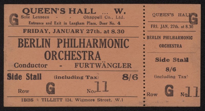 Bilet na koncert Orkiestry Filharmonii Berlińskiej, Queens Hall, Londyn piątek, 27 stycznia 1928 autorstwa English School
