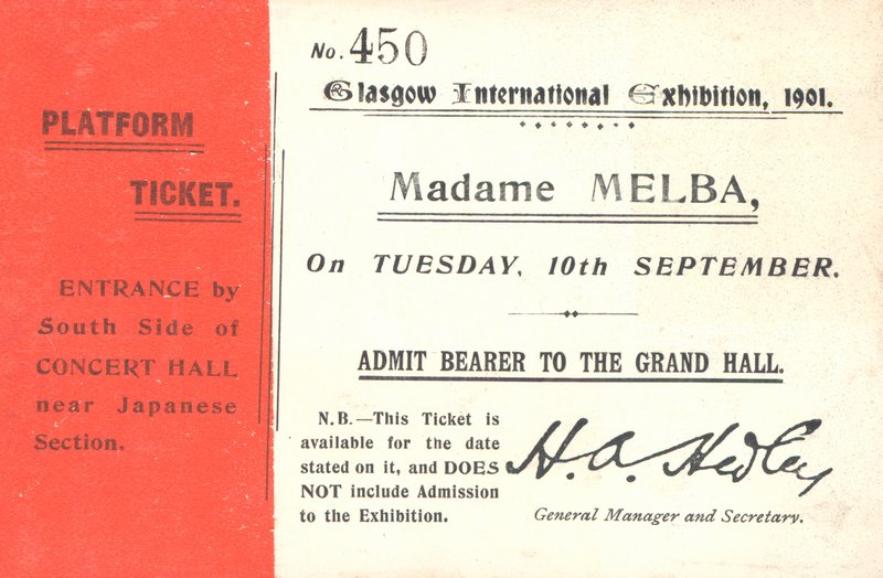 Bilet, aby usłyszeć Nellie Melba na Międzynarodowej Wystawie w Glasgow, 1901 (druk) autorstwa English School