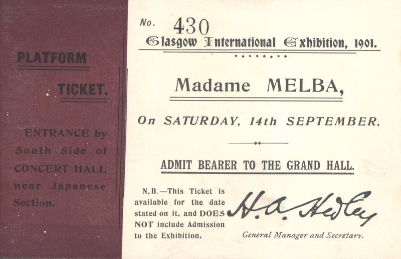 Bilet, aby usłyszeć Nellie Melba na Międzynarodowej Wystawie w Glasgow, 1901 (druk) autorstwa English School