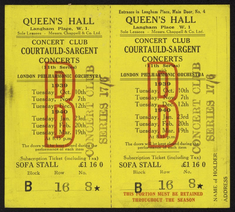 Bilet na koncerty Courtauld-Sargent, Queens Hall, Langham Place, Londyn, 1939-1940 autorstwa English School