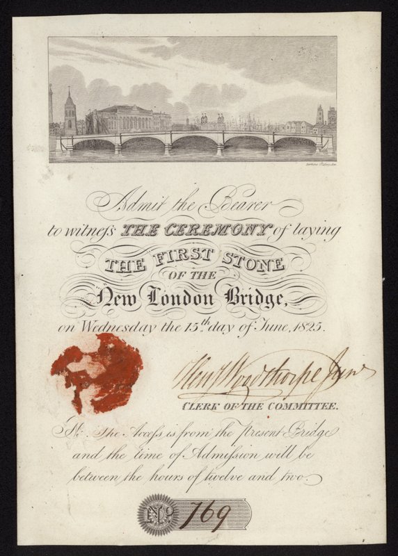 Bilet na ceremonię wmurowania pierwszego kamienia pod nowy most London Bridge autorstwa English School