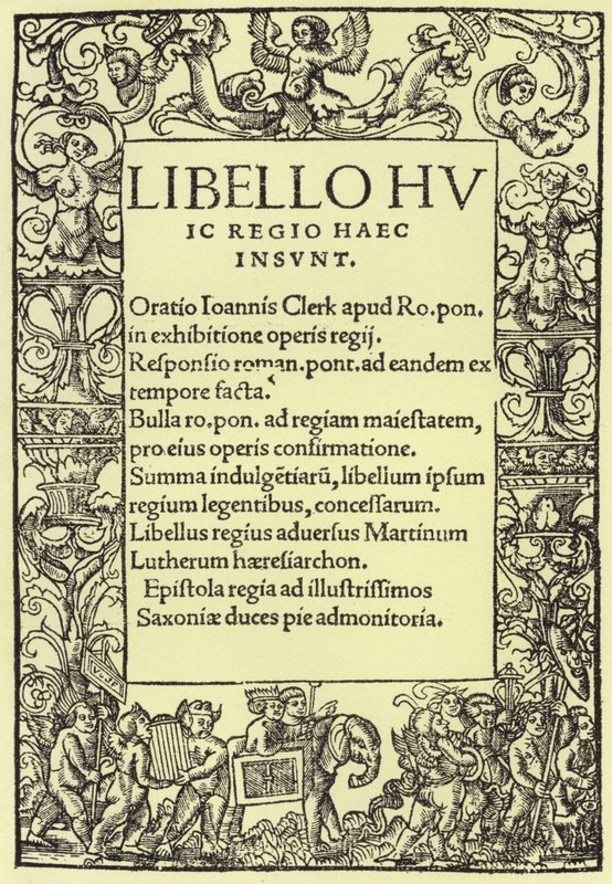 Strona tytułowa Henryka VIII Obrony wiary rzymskokatolickiej autorstwa English School
