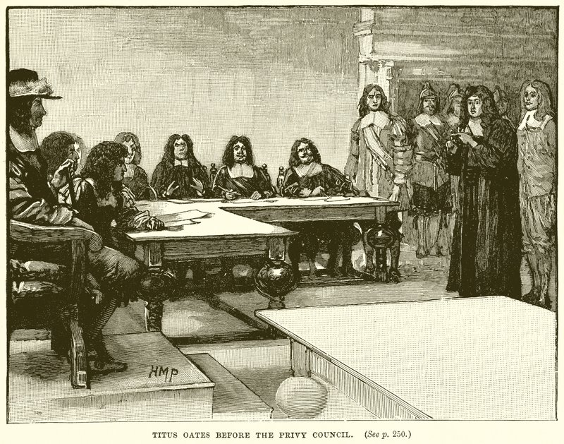 Titus Oates przed Tajną Radą autorstwa English School