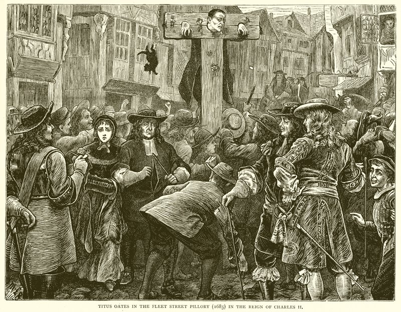 Titus Oates w pręgierzu przy Fleet Street (1685) za panowania Karola II autorstwa English School