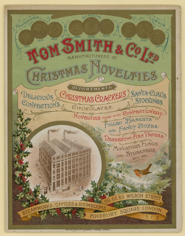 Tom Smith & Co Ltd, świąteczne nowości, świąteczne krakersy, okładka broszury autorstwa English School