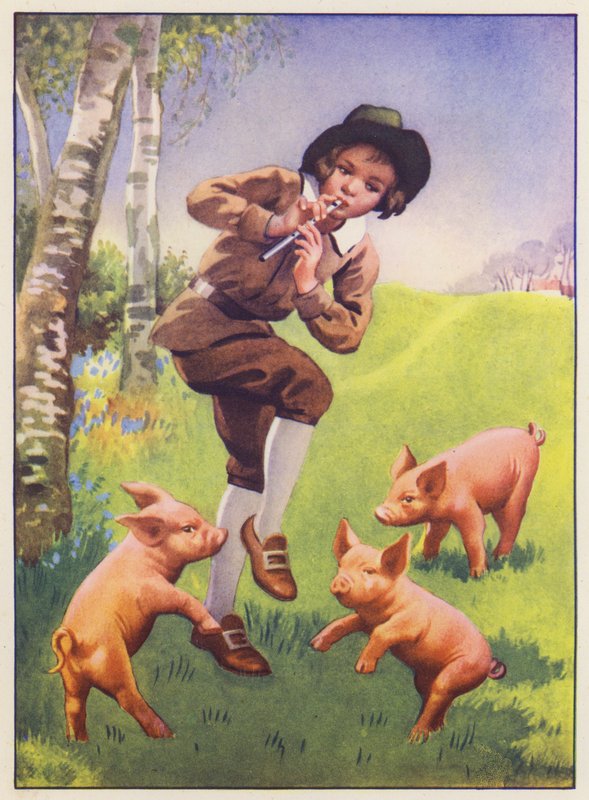Tom, Tom, syn Pipera i trzy małe świnki (kolorowa litografia) autorstwa English School