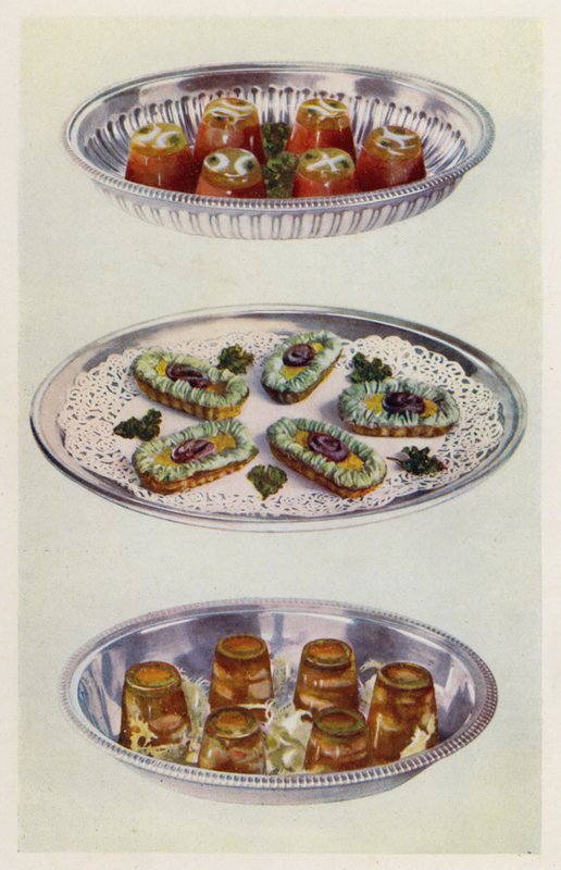 Kremy pomidorowe; Gondole z anchois; Krewetki w galarecie (kolorowa litografia) autorstwa English School