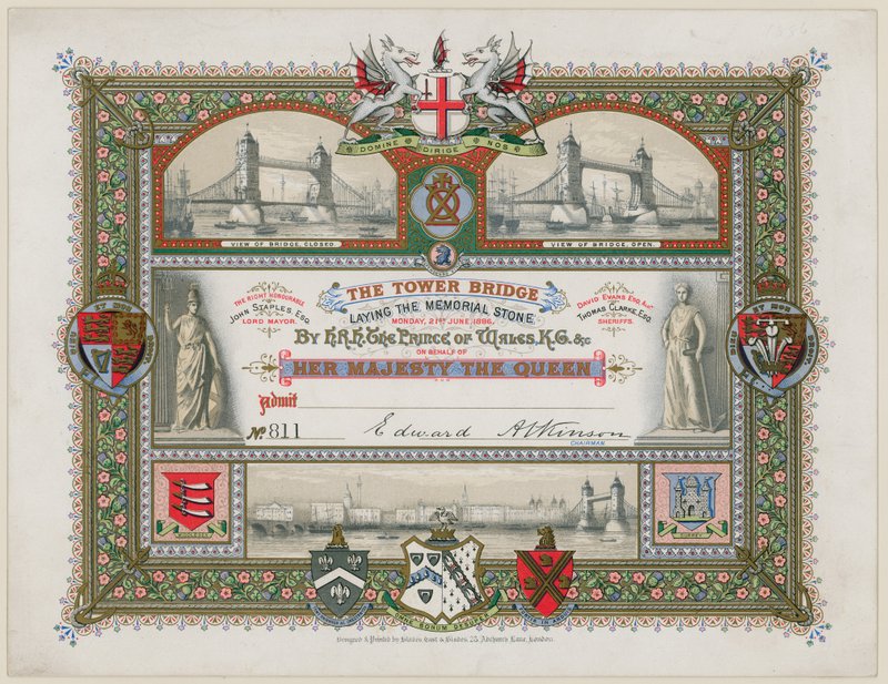 Tower Bridge, Londyn, Zaproszenie do wmurowania kamienia pamiątkowego, 21 czerwca 1886 r. autorstwa English School