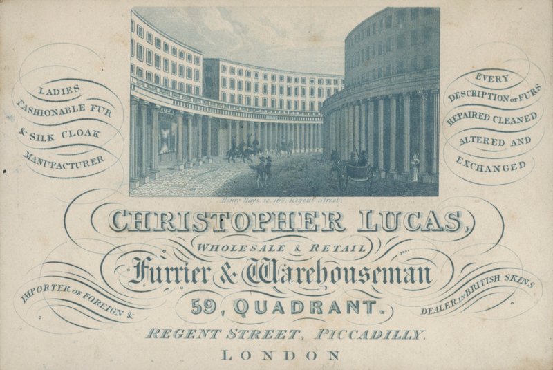 Reklama wizytówka Christopher Lucas, hurtownik i detal kuśnierz i magazynier, 59, Quadrant, Regent Street, Piccadilly, Londyn (grawerowanie) autorstwa English School