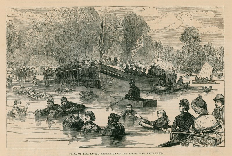 Próba aparatury ratującej życie na Serpentine, Hyde Park, Londyn autorstwa English School