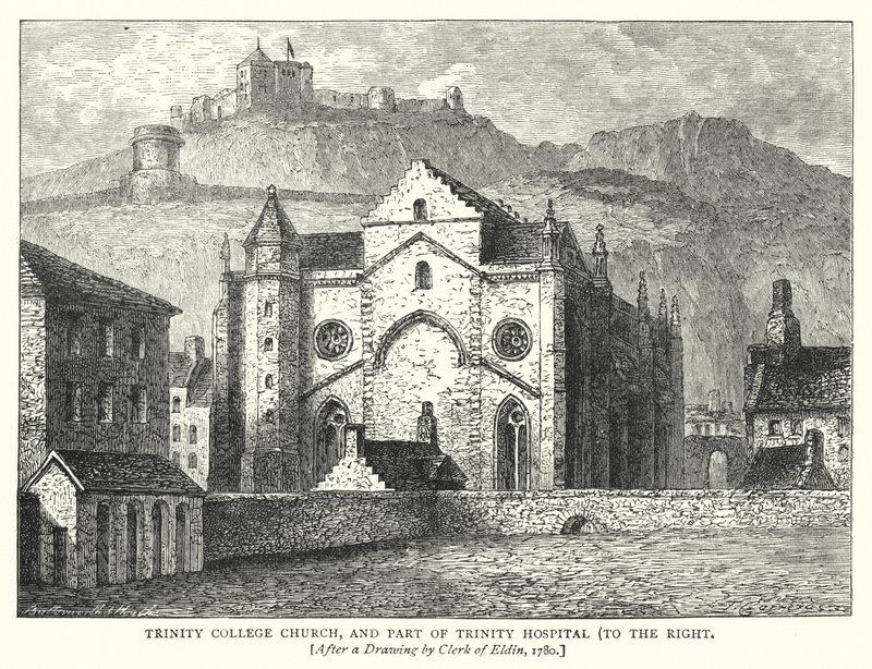 Kościół Trinity College i część szpitala Trinity po prawej stronie (rycina) autorstwa English School
