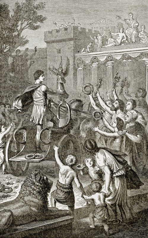 Triumfalny powrót zwycięzcy olimpijskiego, ilustracja z Ilustrowanej Historii Świata wydanej przez Warda Locka, ok. 1880 autorstwa English School
