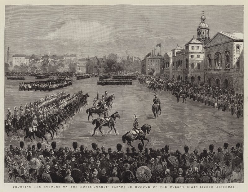 Trooping the Colors on the Horse-Guards” na cześć 68. urodzin królowej autorstwa English School
