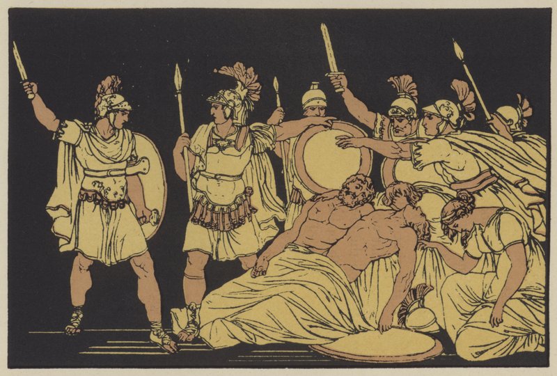 Turnus nad ciałami Alma i Galaesusa (litografia kolorowa) autorstwa English School