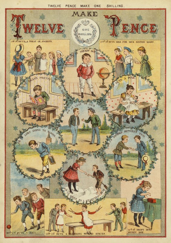 Dwanaście pensów to jeden szyling (chromolitho) autorstwa English School
