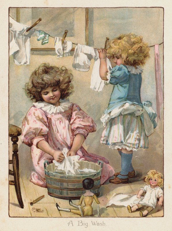 Dwie małe dziewczynki piorą ubrania swoich lalek (chromolitho) autorstwa English School