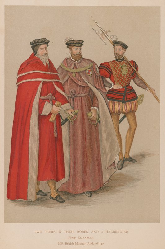 Dwóch rówieśników w szatach i Halberdier z epoki elżbietańskiej autorstwa English School