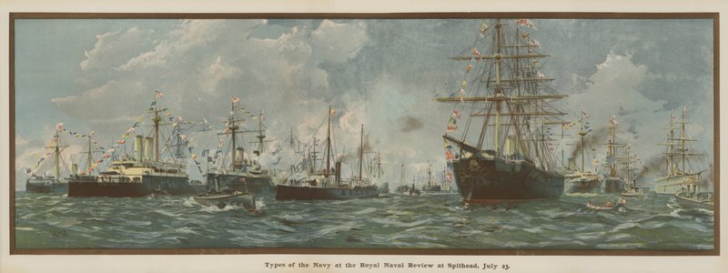 Typy marynarki wojennej podczas Królewskiego Przeglądu Marynarki Wojennej w Spithead, 23 lipca (chromolitografia) autorstwa English School