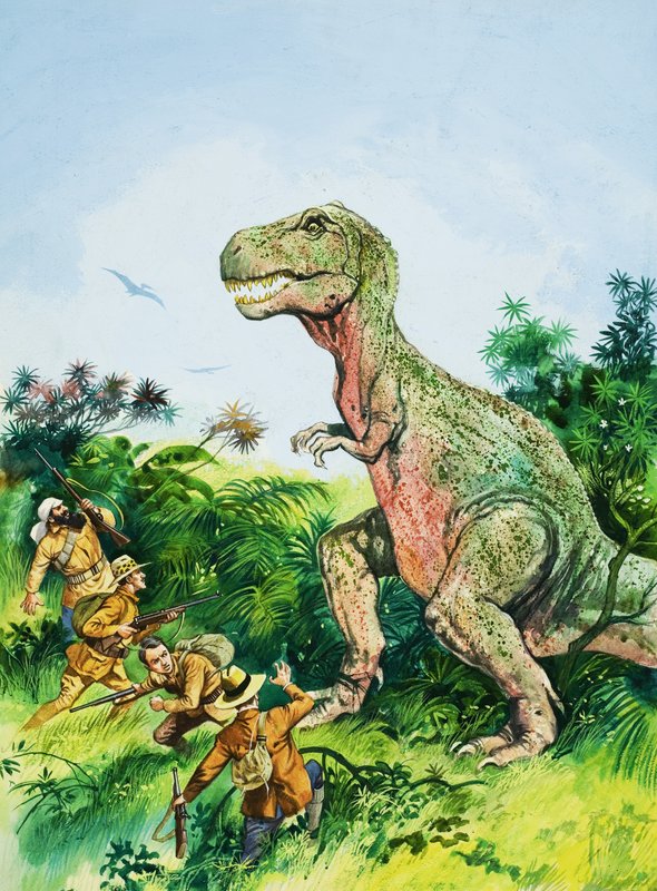 Tyrannosaurus Rex w konfrontacji z mężczyznami autorstwa English School