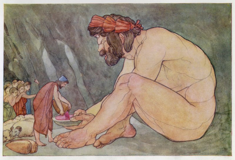 Ulisses daje Wino cyklopom (kolor lito) autorstwa English School