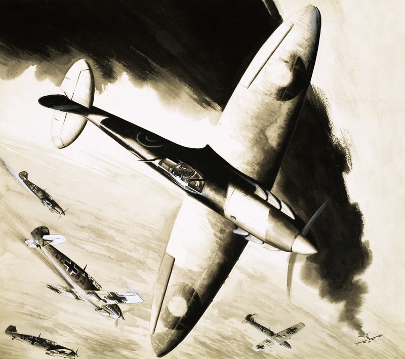 Үл мэдэгдэх Spitfire Германы сөнөөгчтэй тэмцэлдэж байна autorstwa English School