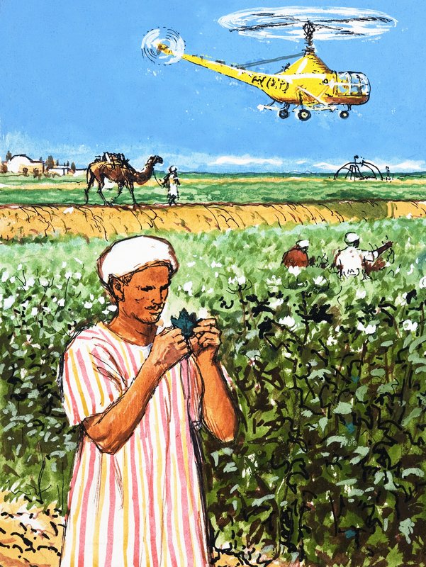 Niezidentyfikowany arabski rolnik z wielbłądem i helikopterem w tle autorstwa English School