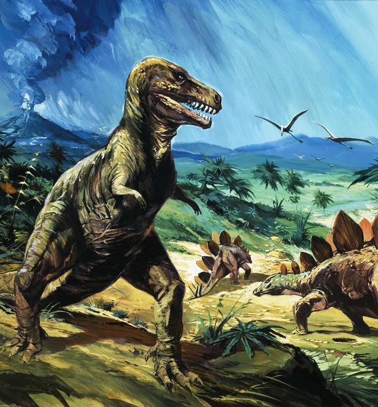 Niezidentyfikowana scena dinozaura z T-Rexem i Stegozaurem autorstwa English School