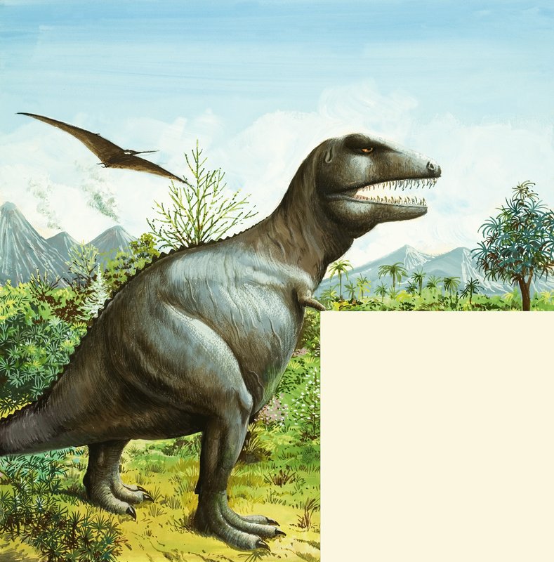 Niezidentyfikowana scena dinozaura z T Rexem i Pterodactylem autorstwa English School
