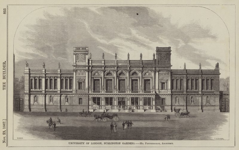 Uniwersytet Londyński, Burlington Gardens, Pan Pennethorne, Architekt (Grawerowanie) autorstwa English School
