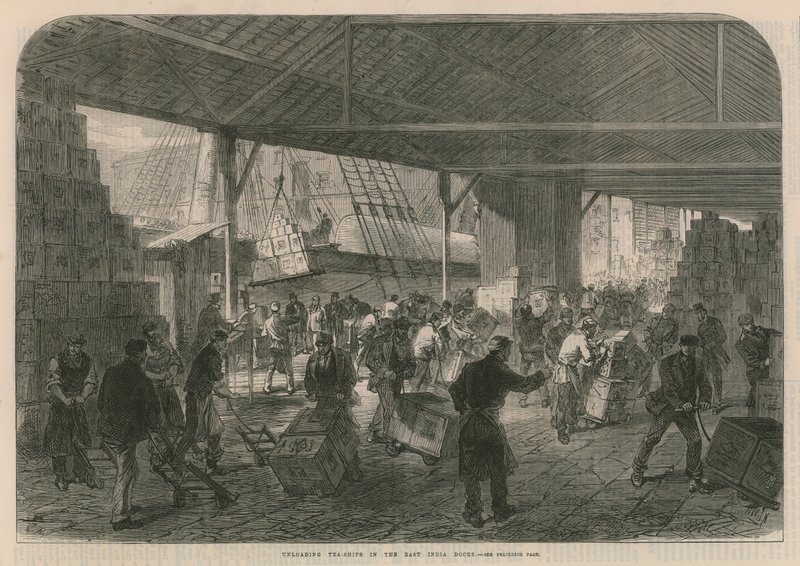 Rozładunek herbaciarni w East India Docks autorstwa English School