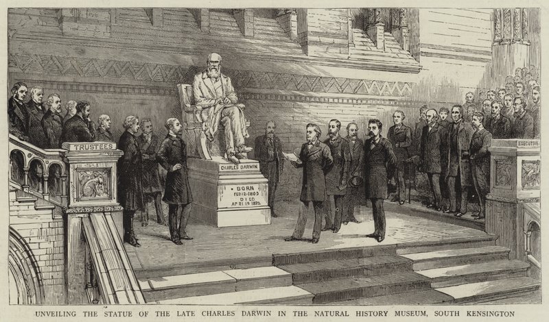 Odsłonięcie pomnika zmarłego Karola Darwina w Muzeum Historii Naturalnej w South Kensington autorstwa English School