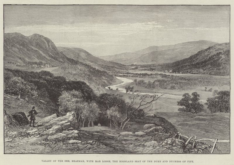 Valley of the Dee, Braemar, z Mar Lodge, góralską siedzibą księcia i księżnej Fife (rycina) autorstwa English School