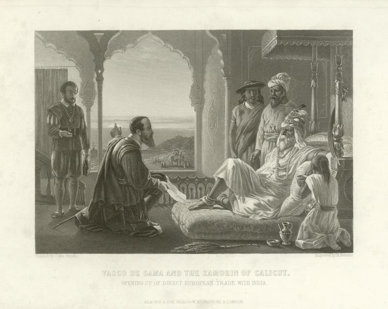 Vasco da Gama i Zamorin z Kalikatu, 1498 autorstwa English School