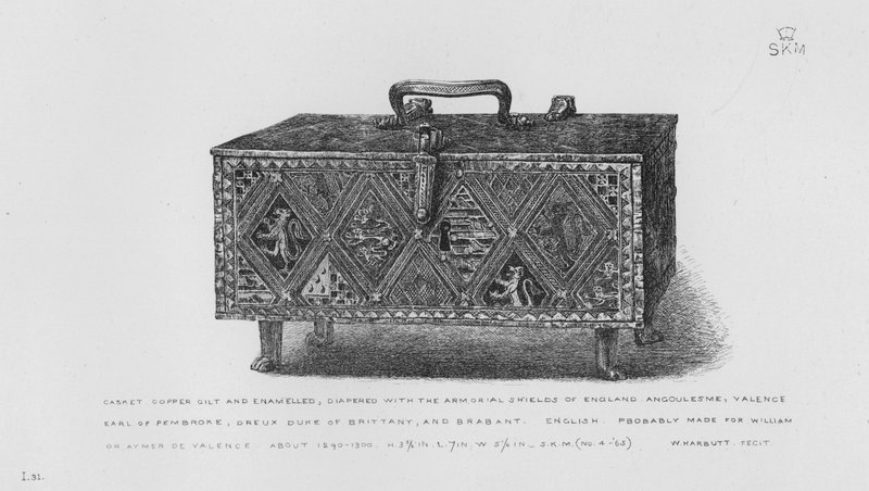 Muzeum Wiktorii i Alberta: trumna, miedziana pozłacana i emaliowana, pokryta pieluchami z herbami Anglii, Angoulesme, Valence, hrabiego Pembroke, księcia Bretanii Dreux i Brabancji, angielskiej, prawdopodobnie zrobiony dla Williama lub Aymer de Valence, ok autorstwa English School