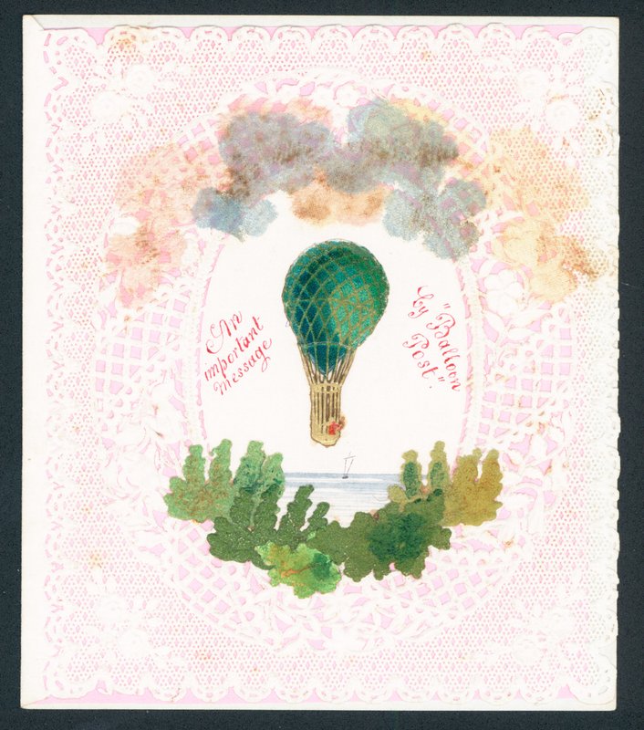 Wiktoriańska kartka z życzeniami - ważne przesłanie pocztą balonową (chromolitho) autorstwa English School