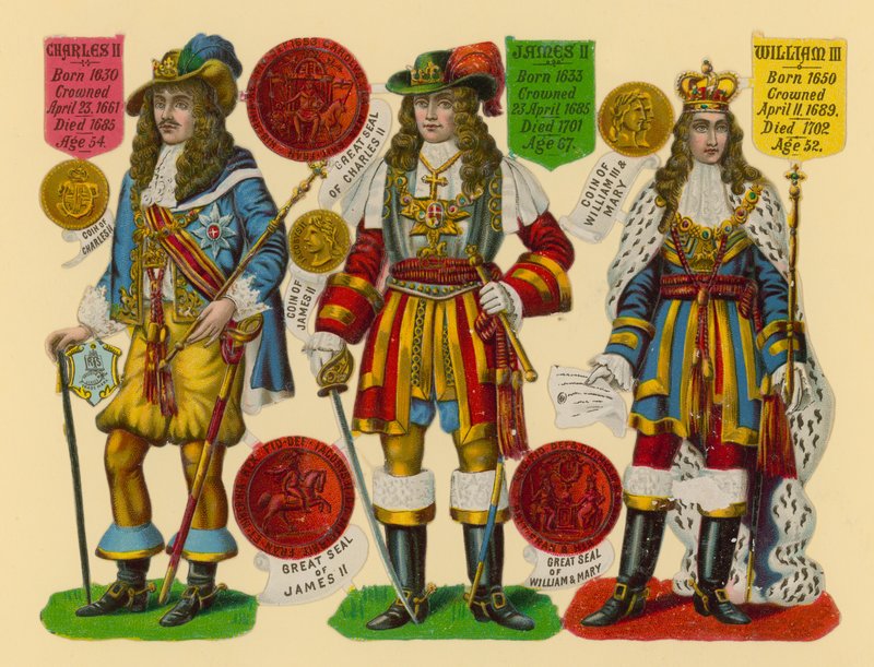 Złom wiktoriański: Król Karol II, Król Jakub II, Król Wilhelm III autorstwa English School
