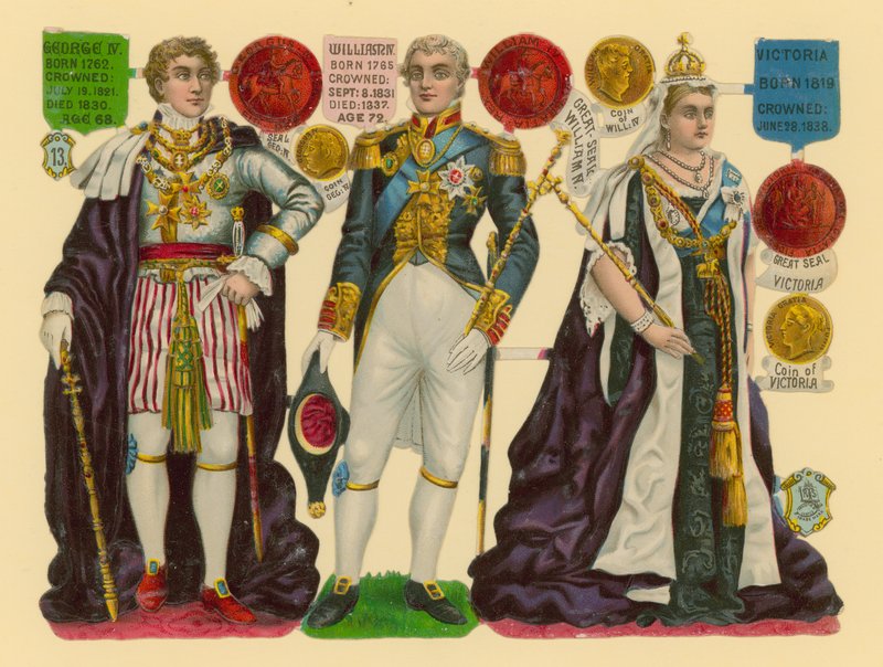 Złom wiktoriański: król Jerzy IV, król Wilhelm IV, królowa Wiktoria autorstwa English School