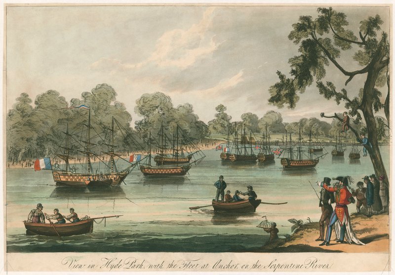 Zobacz w Hyde Parku z flotą na kotwicy na rzece Serpentine. Naumachia. Pokój 1814 (kolorowy grawerunek) autorstwa English School