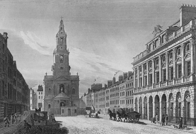 Widok na Strand, w tym północny front Somerset House i kościół St Mary-Le-Strand, Westminster (rycina) autorstwa English School