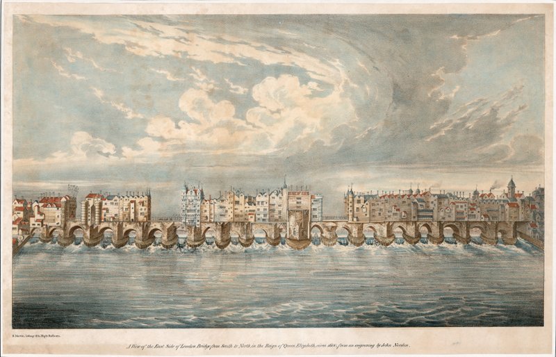 Widok na East Side of Old London Bridge za panowania królowej Elżbiety I autorstwa English School