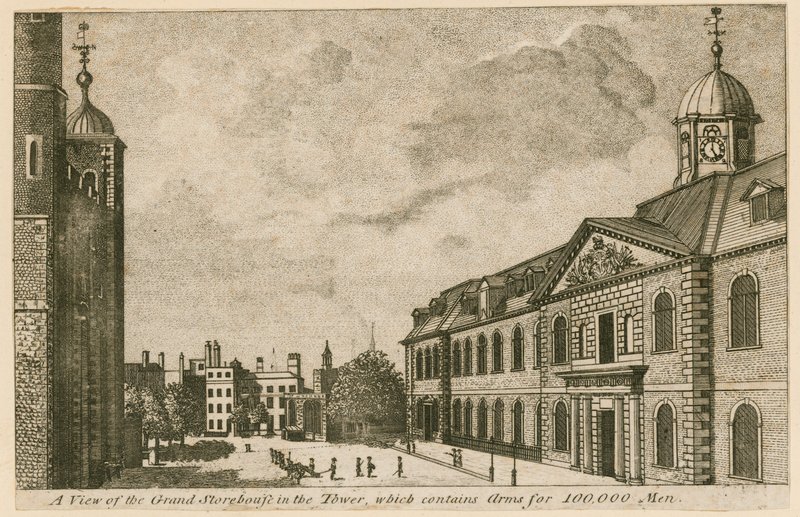 Widok Grand Storehouse w Tower of London z bronią dla 100 000 mężczyzn autorstwa English School