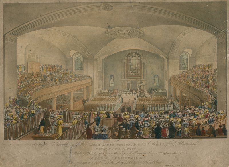 Widok kościoła Hackney z galerii organów w maju 1827 r. autorstwa English School